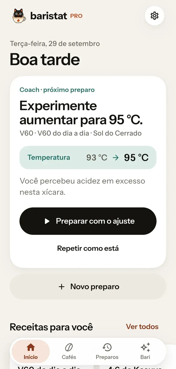 Tela inicial do app Baristat no iPhone, com a sugestão da Brew Engine