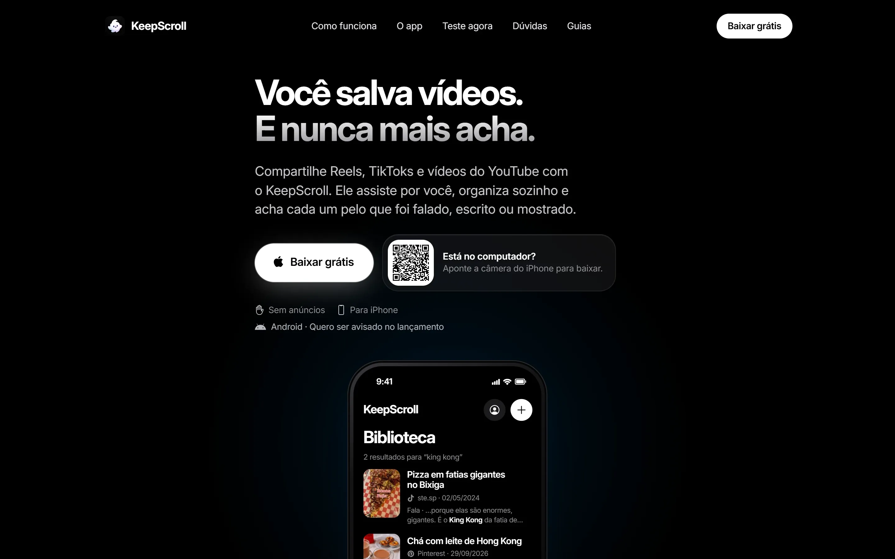 Site do KeepScroll aberto no navegador